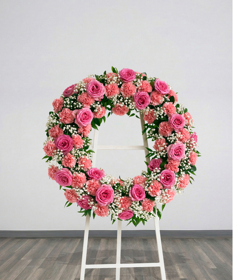 Roses & Carnations Wreath Stand with pink roses, pink carnations, baby’s breath, and greenery on a white easel