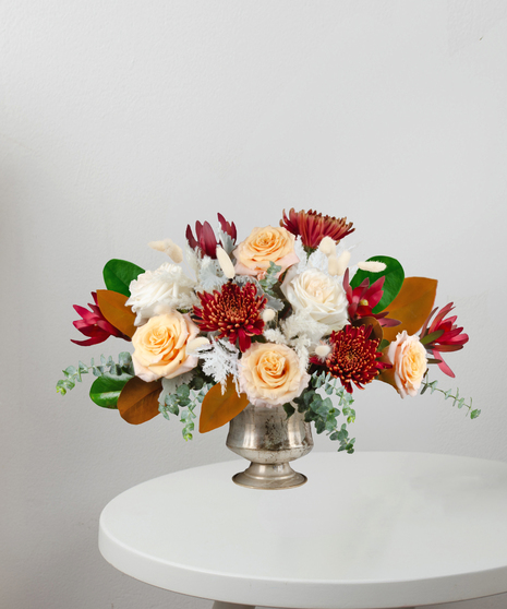 white garden roses, shimmer roses, cremone mums Fall Arrangement Centerpiece delivered in Baton Rouge, LA- Billy Heroman's