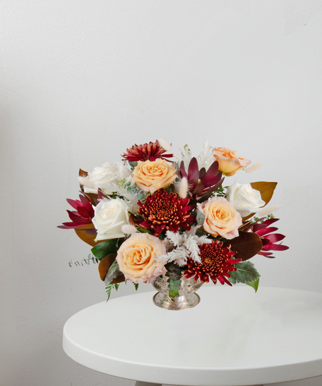 white garden roses, shimmer roses, cremone mums Fall Arrangement Centerpiece delivered in Baton Rouge, LA- Billy Heroman's