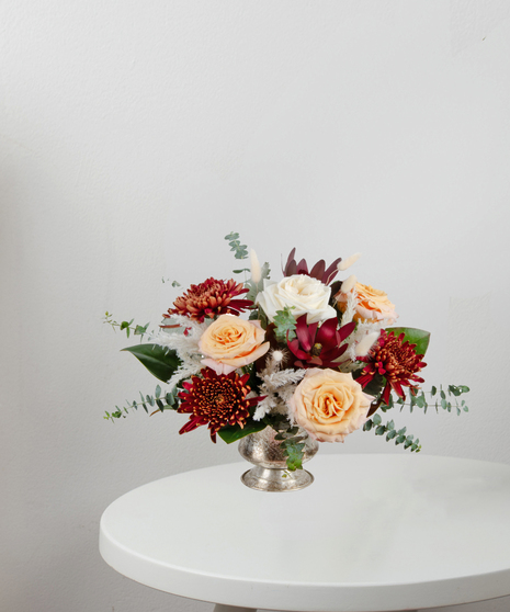 white garden roses, shimmer roses, cremone mums Fall Arrangement Centerpiece delivered in Baton Rouge, LA- Billy Heroman's