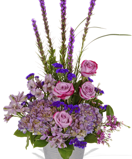 Violet Roses, Hydrangea, Alstroemeria, Liatris and more in a silver container delivered baton rouge LA