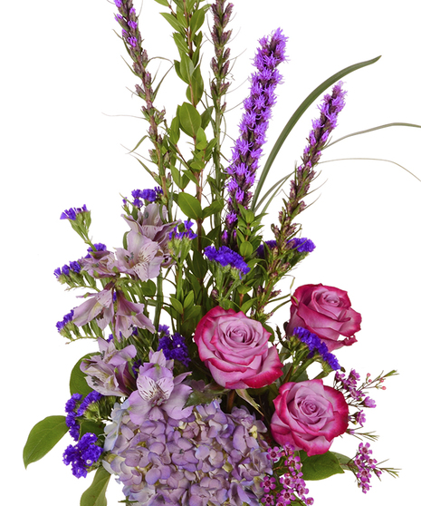 Violet Roses, Hydrangea, Alstroemeria, Liatris and more in a silver container delivered baton rouge LA