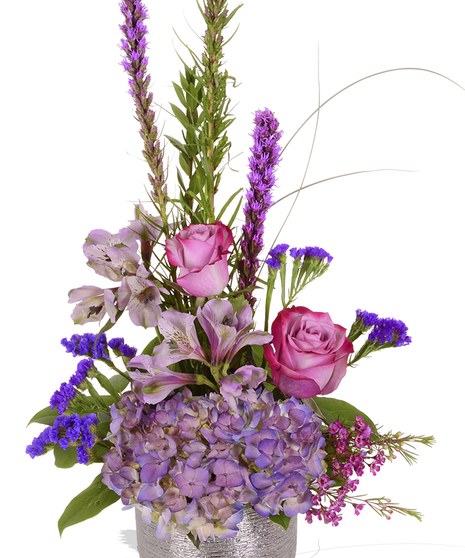 Violet Roses, Hydrangea, Alstroemeria, Liatris and more in a silver container delivered baton rouge LA