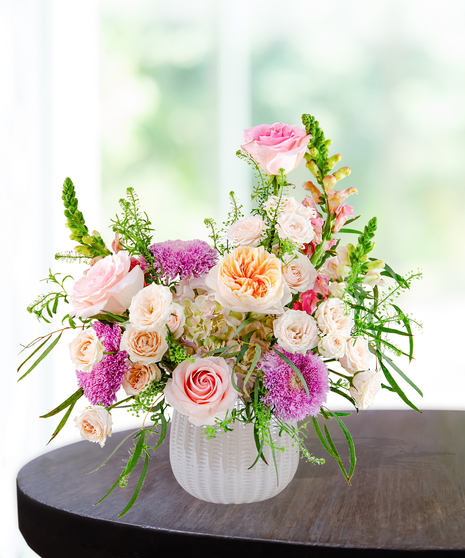 Opal Crush October birthday flower arrangement inspired by the opal birthstone with soft pastel blooms from Billy Heroman’s florist in Baton Rouge.