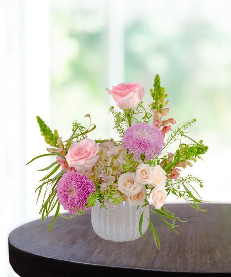 Opal Crush October birthday flower arrangement inspired by the opal birthstone with soft pastel blooms from Billy Heroman’s florist in Baton Rouge.