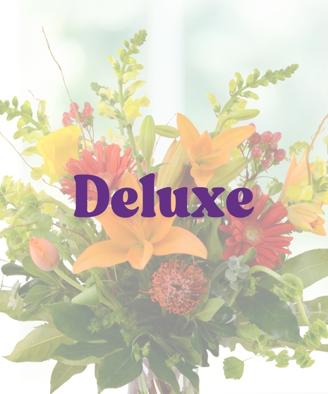 Orange Crush flower arrangement featuring orange lilies, red gerberas, yellow snapdragons, and tropical greenery in a glass vase