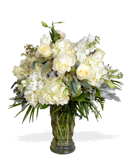 Luxury Arrangement of White Peonies, White Roses, White Hydrangeas and more delivered in Baton Rouge