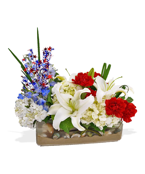 red white blue arrangement with lilies hydrangea carnations delphinium delivered baton rouge LA