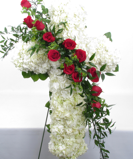 White Cross Standing Spray with Red Roses
