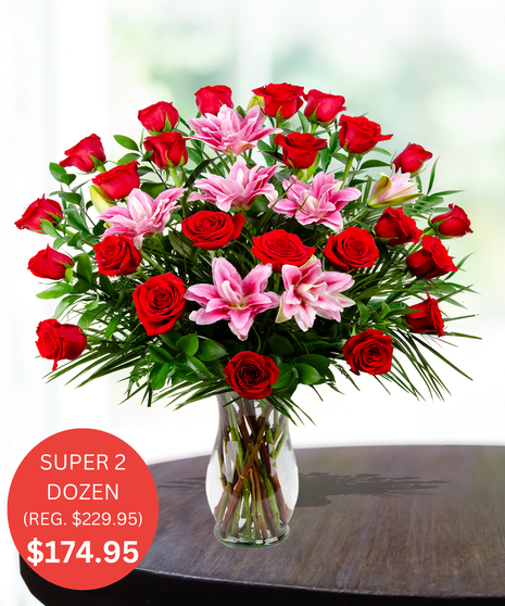 Super 2 Dozen Premium Roses & Pink Lilies - SALE