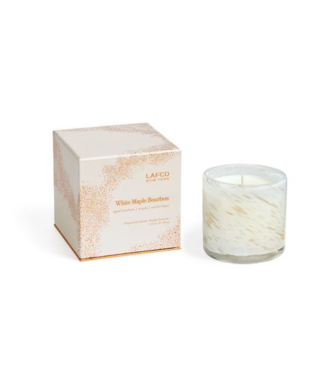 LAFCO White Maple Bourbon candle and box with ivory glass and warm-toned packaging